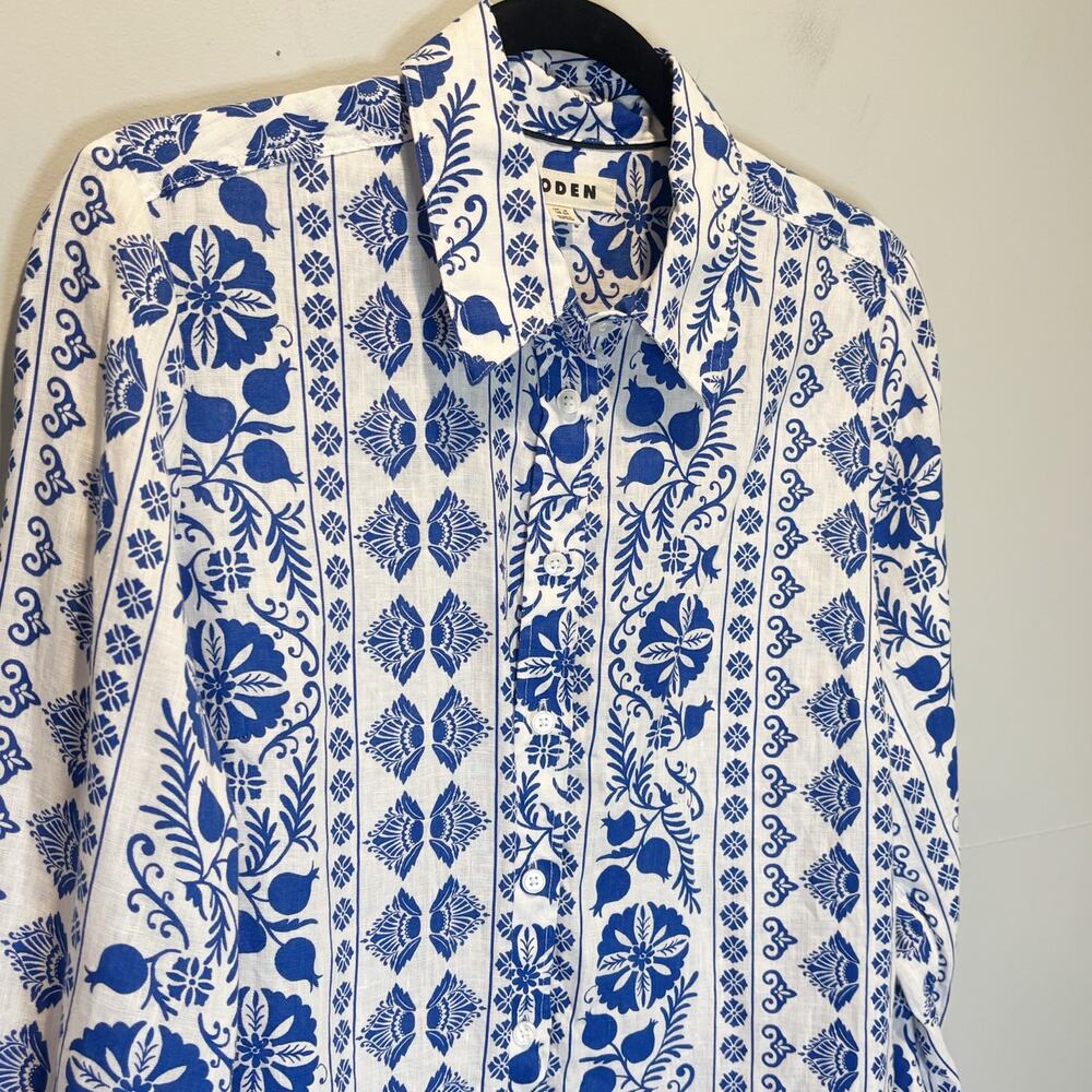 Boden Sienna Blue & White Floral Print Linen Long Sleeve Button Down Shirt - 12 - Picture 2 of 5